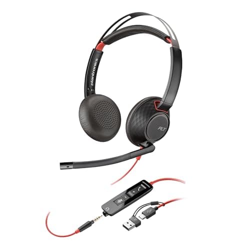 HP Poly Blackwire 5220 Wired Headset - Flexible Boom Mic - Noise Canceling - USB-C, USB-A, or 3.5mm - Ergonomic Over-Ear Design - Works with