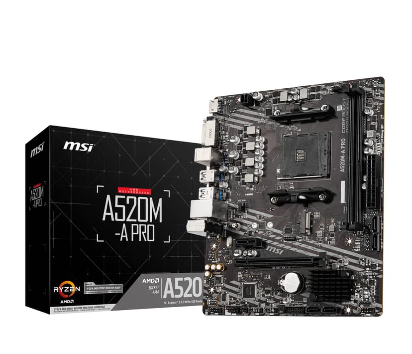 MSI A520M-A PRO Motherboard mATX - Supports AMD Ryzen 3rd Gen Processors, AM4, DDR4 Boost (4600MHz/OC), 1 x PCIe 3.0 x1, 1 x M.2 Gen3 x4, Gi