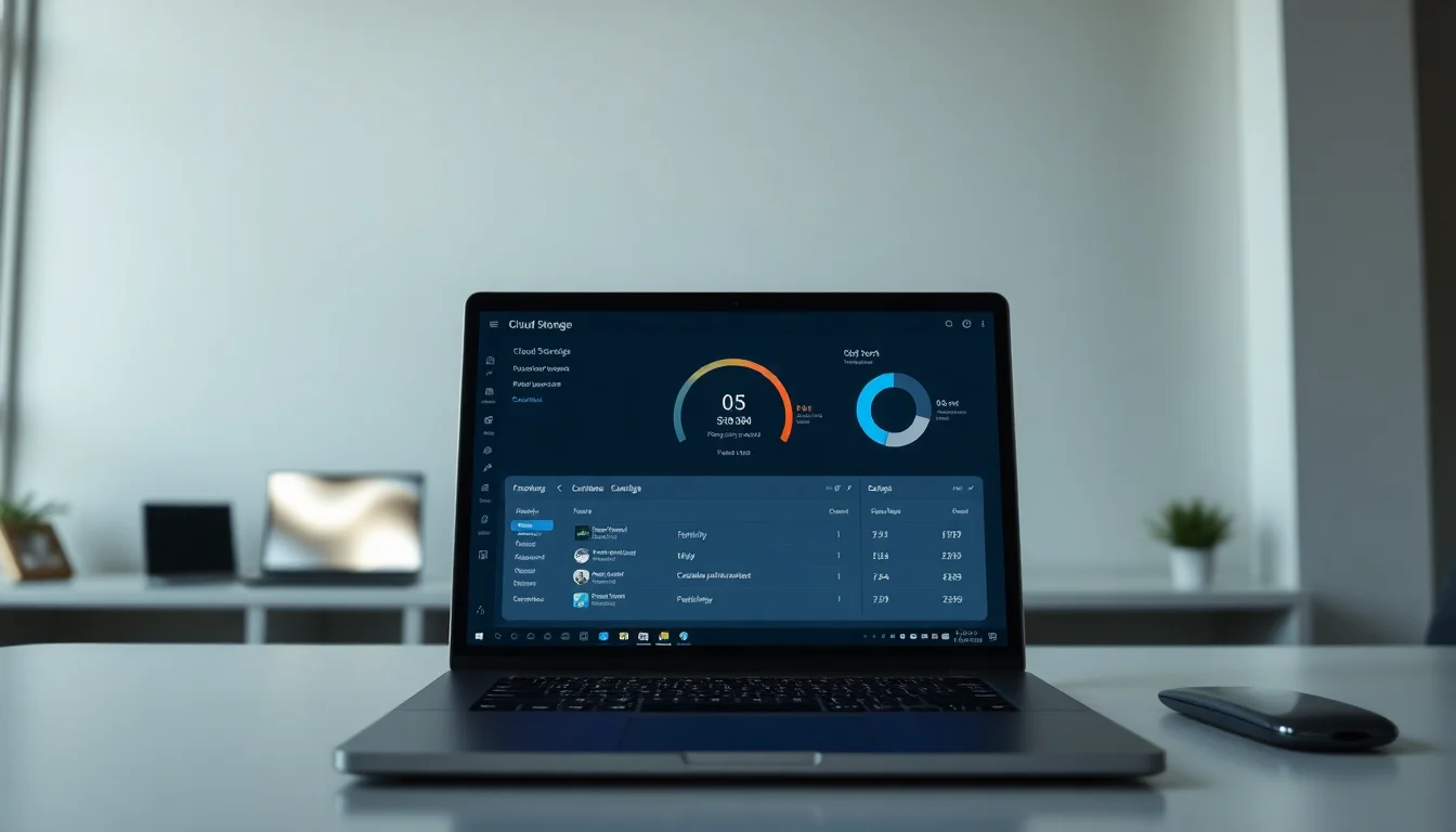 Windows 11 desktop showing cloud storage dashboard with 10 terabyte upload progress bar on a modern office desk