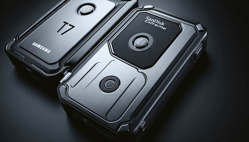 samsung t7 portable vs sandisk extreme portable side by side comparison on desk illustration