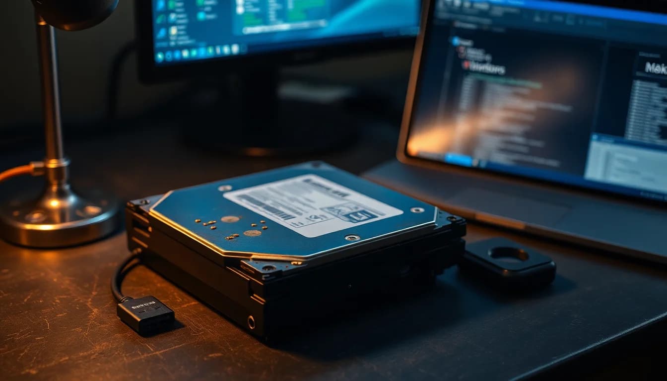 An old IDE hard drive sitting on a slate workbench next to a USB adapter and modern laptop showing Disk Management open
