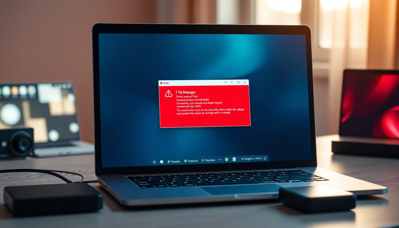 Windows desktop showing 7-Zip File Manager with corrupted archive error message displayed, external hard drive visible beside laptop, warm desk lighting from window, focused professional atmosphere