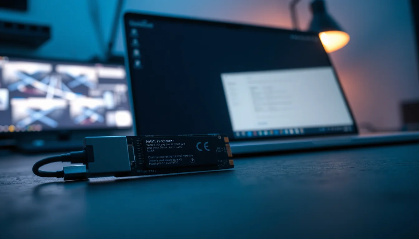 A small M.2 SSD module placed on a dark slate workbench next to a USB adapter showing a Windows Disk Management error screen