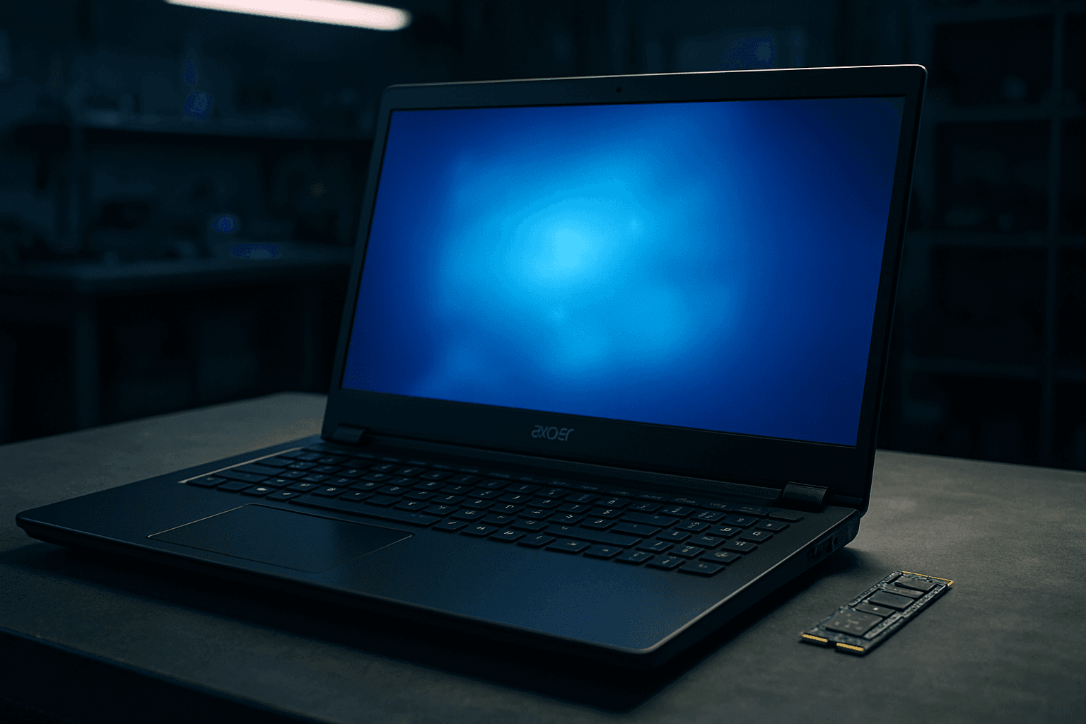 Acer Aspire 7 laptop open on a workbench showing a blue screen of death error with an M.2 SSD removed beside it