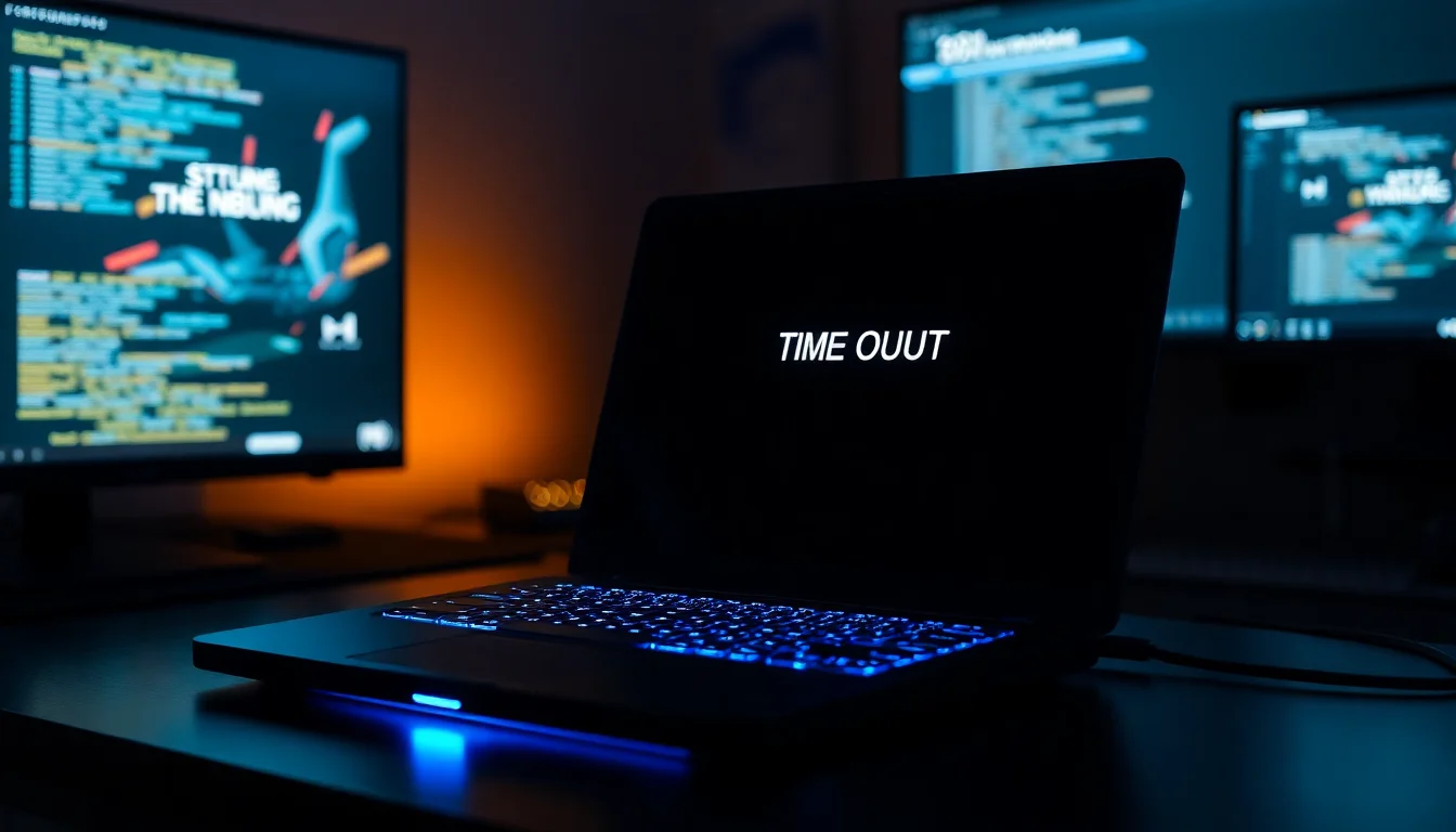 A gaming laptop on a dark desk displaying a black screen with GPU driver timeout error message, blue LED lighting reflecting off the screen, intense focused atmosphere