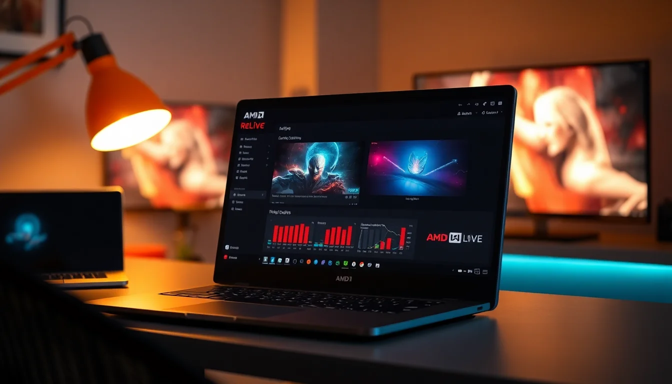 Windows 11 desktop with AMD Radeon software open showing ReLive recording interface and audio settings panel, warm desk lamp lighting, focused professional atmosphere