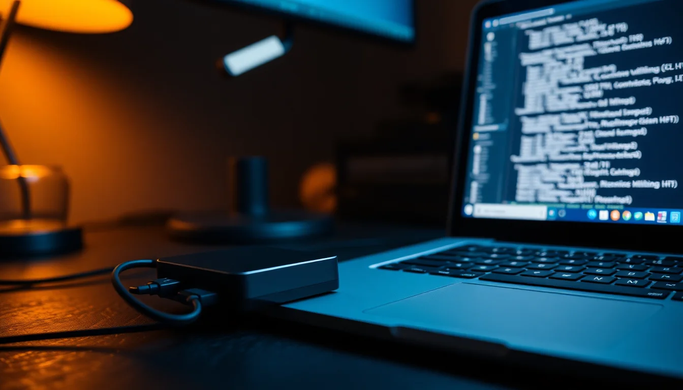 A 2.5 inch external USB hard drive connected to a Windows laptop on a dark desk showing a slow file search progress bar