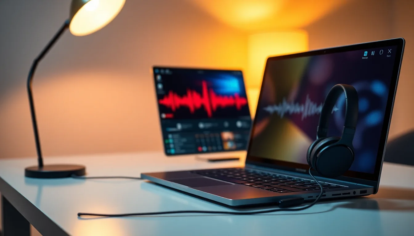 Windows 10 laptop on a desk showing bluetooth headphones with audio waveform, warm desk lamp lighting, focused productive atmosphere
