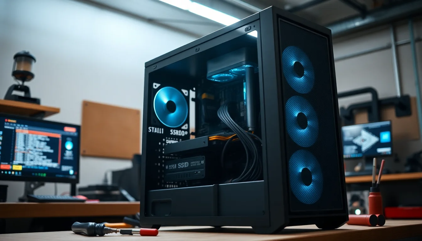 A desktop PC tower with the case open showing an SSD and SATA cables on a workbench with tools, bright overhead workshop lighting creating sharp shadows, technical atmosphere