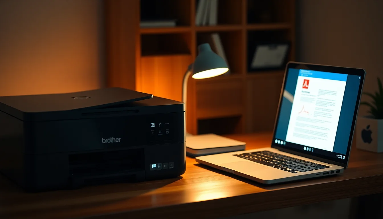 Brother laser printer on a wooden desk next to a Windows laptop displaying a PDF document ready to print