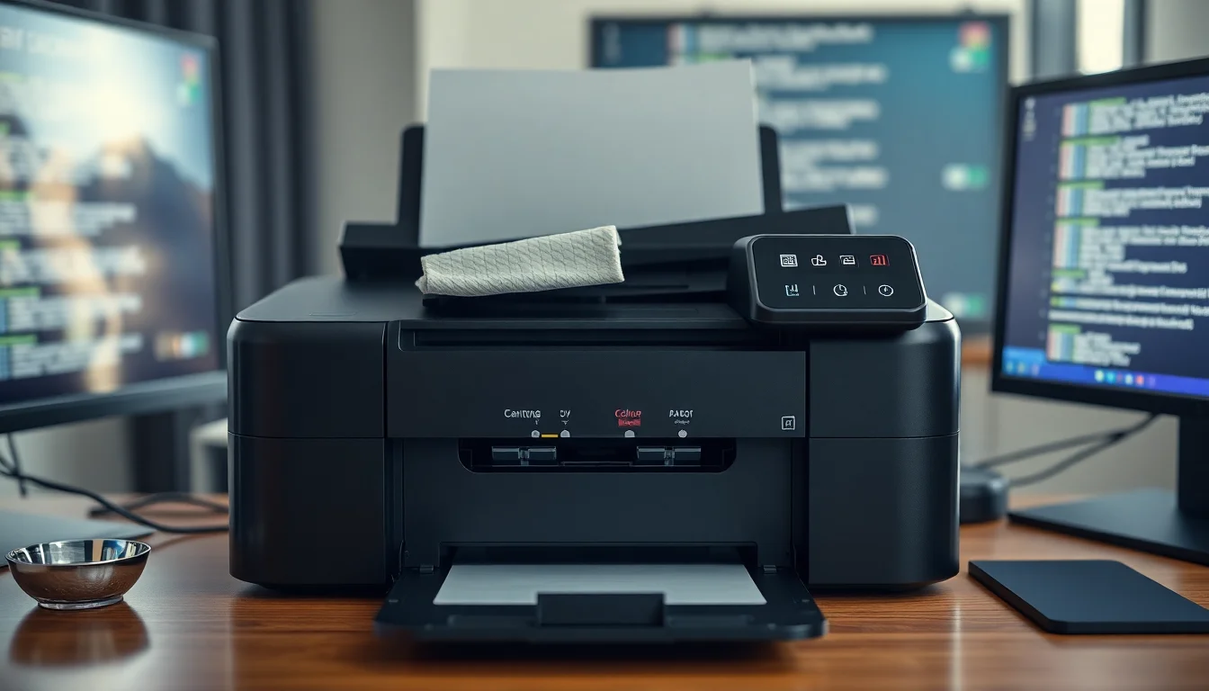 Close-up of Canon printer cartridge being removed showing copper electrical contacts and print head nozzles during maintenance cleaning