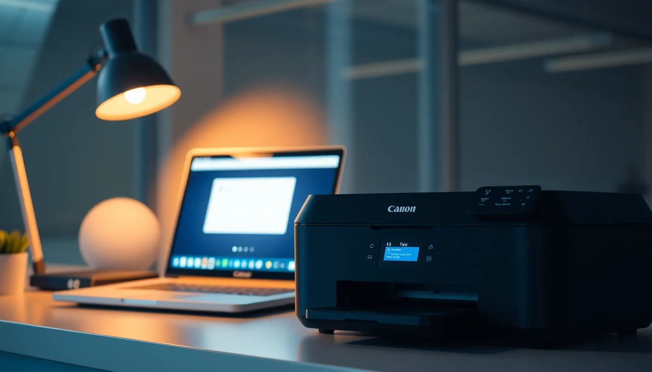 Canon printer on office desk showing offline status message with Windows error notification on laptop screen beside it, warm desk lamp lighting, frustrated troubleshooting atmosphere