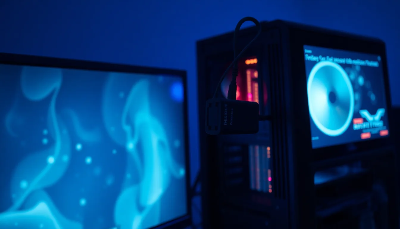 USB capture card connected to a Windows PC on a dark desk with a frozen settings panel visible on the monitor