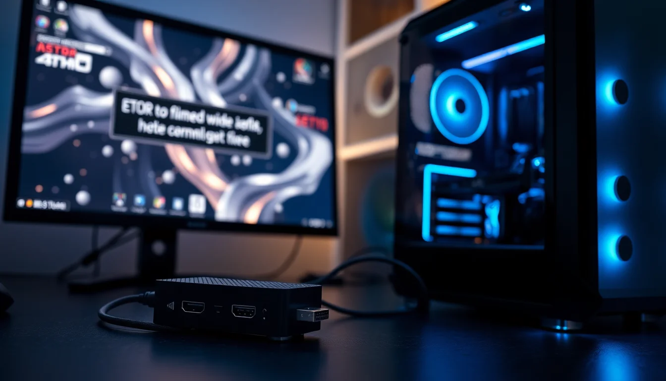 A black external capture card connected via USB and HDMI cables to a Windows gaming PC on a dark desk showing no signal error on monitor