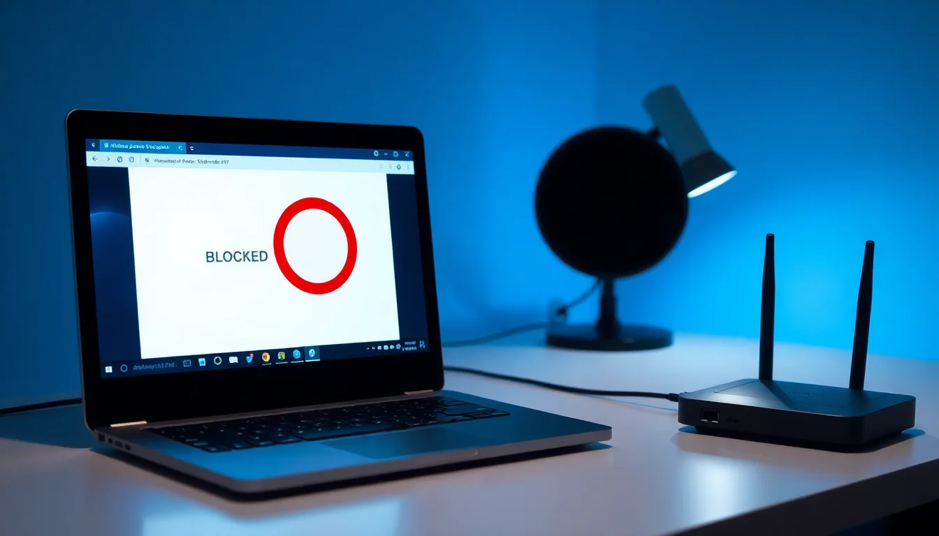 Windows laptop on desk showing blocked website error, with router and network diagram visible, cool blue lighting from monitor, technical focused atmosphere