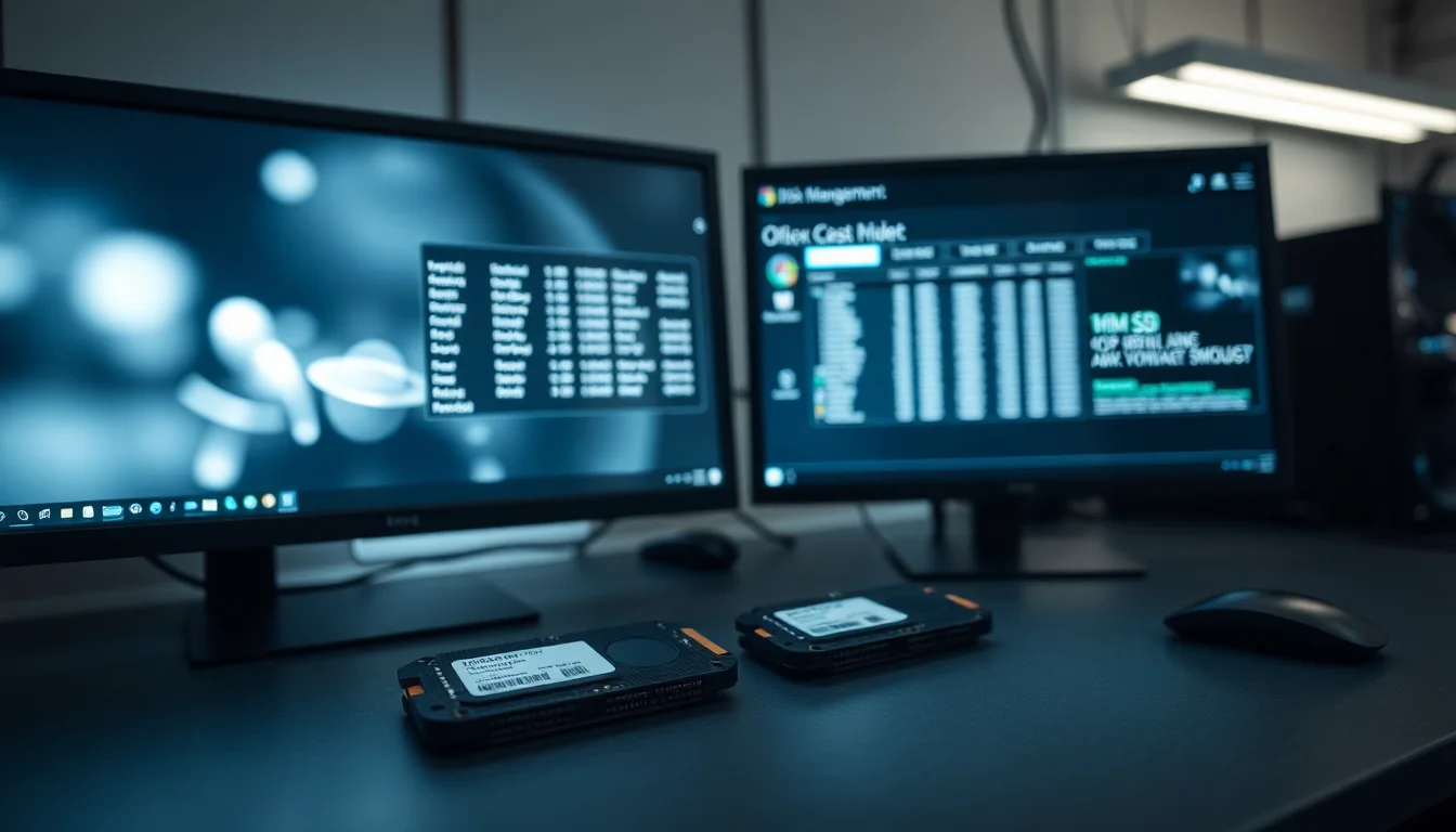 Two SSDs side by side on a clean desk showing Windows Disk Management with drive letters C and E assigned after a clone operation