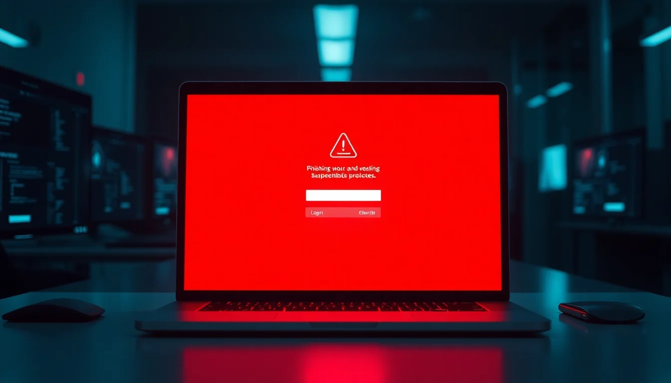 A laptop screen showing a phishing warning alert with red security indicators, surrounded by security software notifications on a modern office desk with dramatic red warning lighting