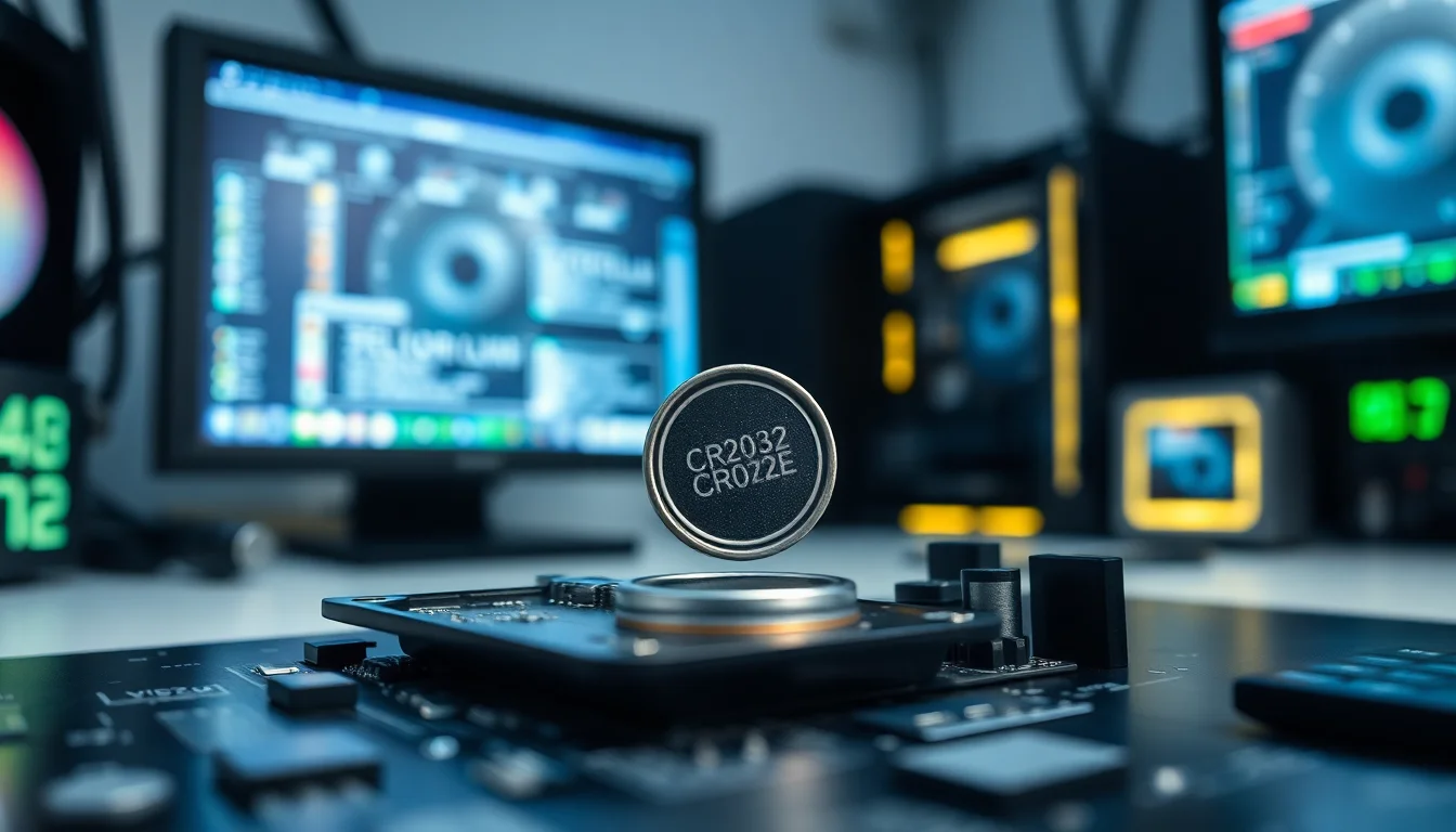 CR2032 coin cell battery being removed from a desktop motherboard battery holder on a workbench