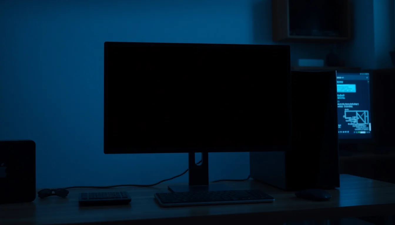 Desktop PC tower on a wooden desk with a black screen showing unexpected shutdown, dim blue ambient lighting in a home office