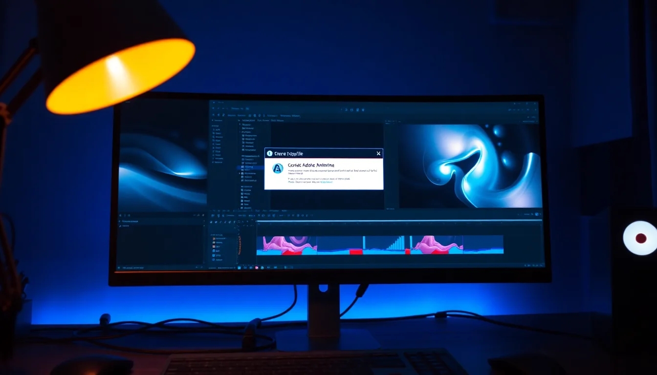 Adobe Animate FLA project file showing corruption error on a dark studio workstation with multiple open recovery folders