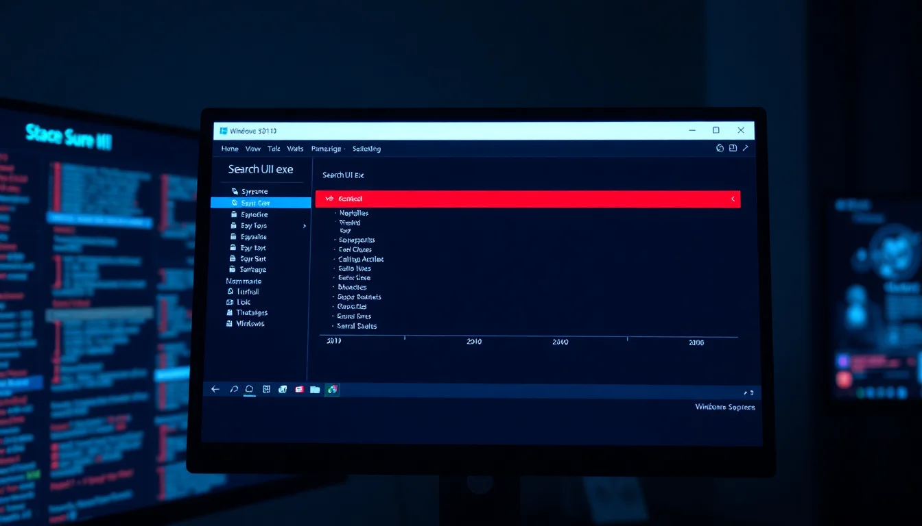 Windows 10 Task Manager showing SearchUI.exe consuming high CPU usage with system resource graph in background, cool blue task manager interface on modern desktop monitor