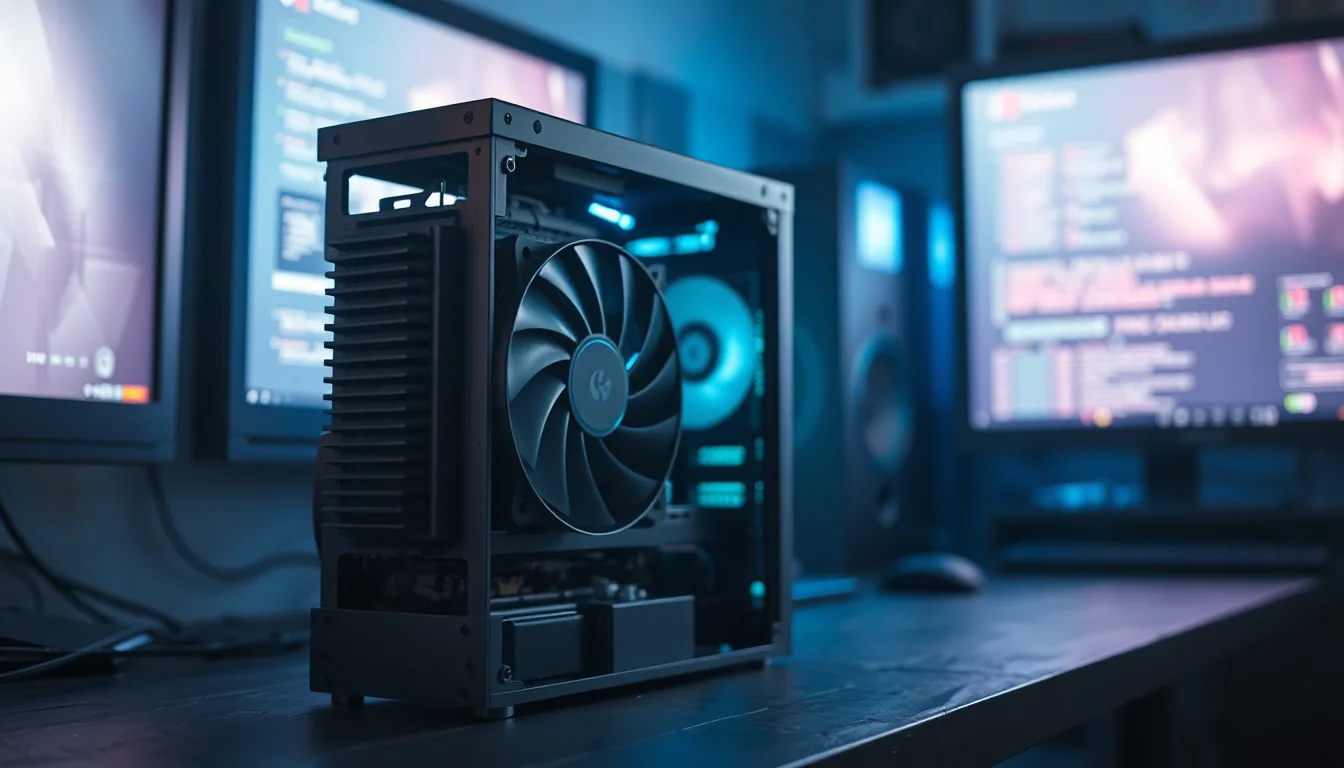 Desktop PC with side panel removed showing heatsink and cooling fan on overheating processor inside a dimly lit workshop