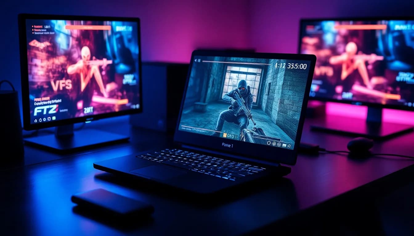 Gaming laptop on desk showing Counter-Strike 2 with frame rate display, cool blue ambient gaming lighting, performance-focused atmosphere
