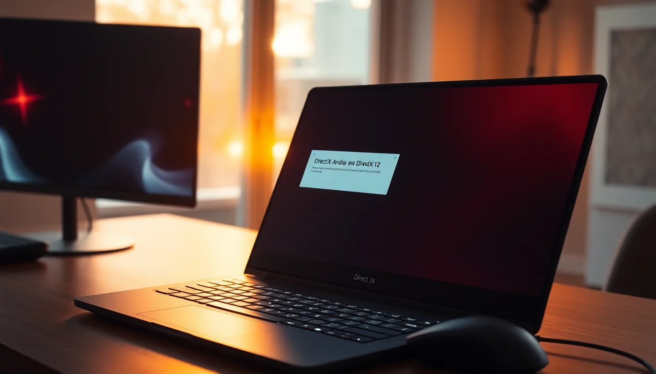 Windows 11 laptop displaying DirectX 12 error message on gaming monitor during gameplay, warm desk lighting from side window, serious technical atmosphere