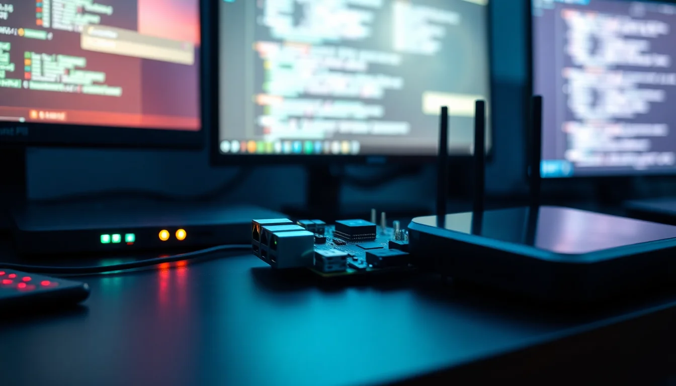 Raspberry Pi 4 board connected to a home router on a dark desk with green network activity LEDs glowing, showing DNS privacy setup in a home lab environment