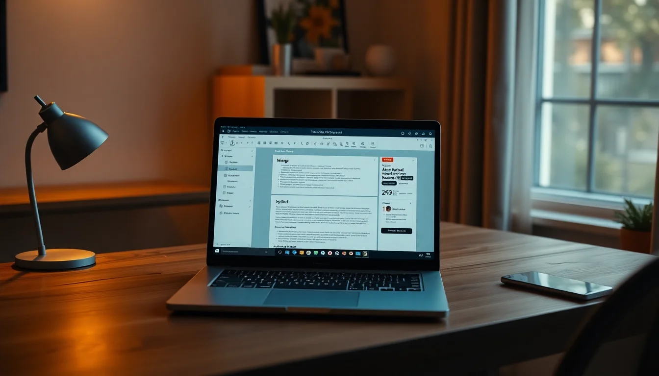 Windows 11 laptop on a clean desk displaying a free PDF editor interface with merge and split tools open