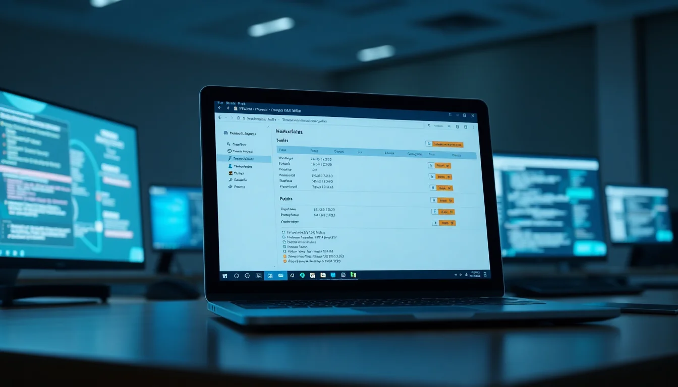 Windows laptop on desk showing VPN network adapter connections with routing table diagram, cool blue network lighting, professional technical atmosphere