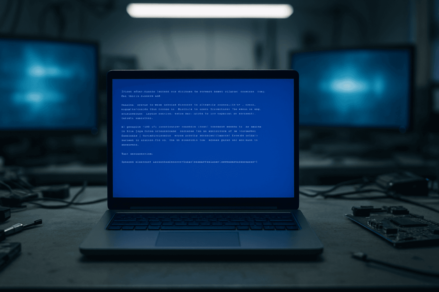 Windows 10 laptop screen displaying blue screen of death with DRIVER_IRQL_NOT_LESS_OR_EQUAL error code 0xD1, desk setup with task light, technical diagnostic atmosphere