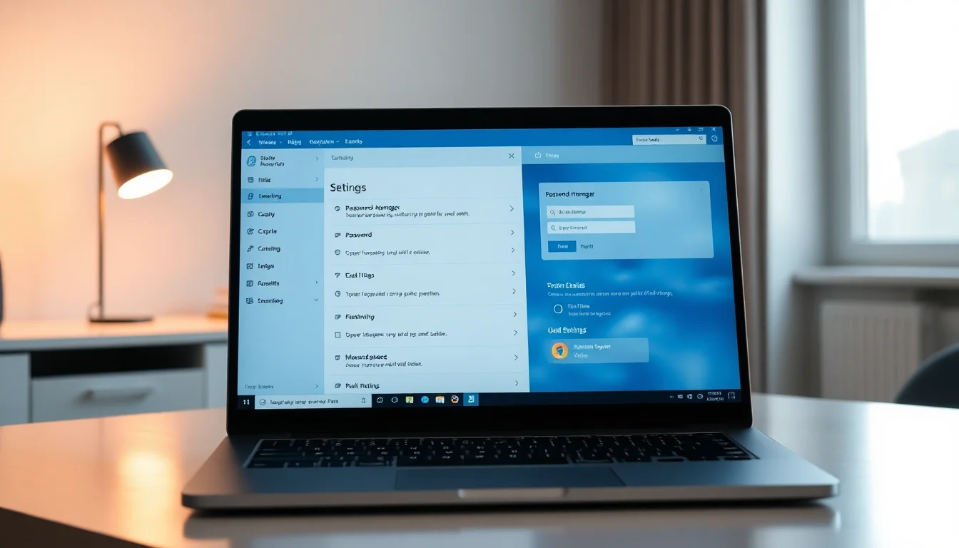 Windows laptop screen showing Microsoft Edge settings menu with password manager options, modern desk setup with soft window lighting, focused professional atmosphere