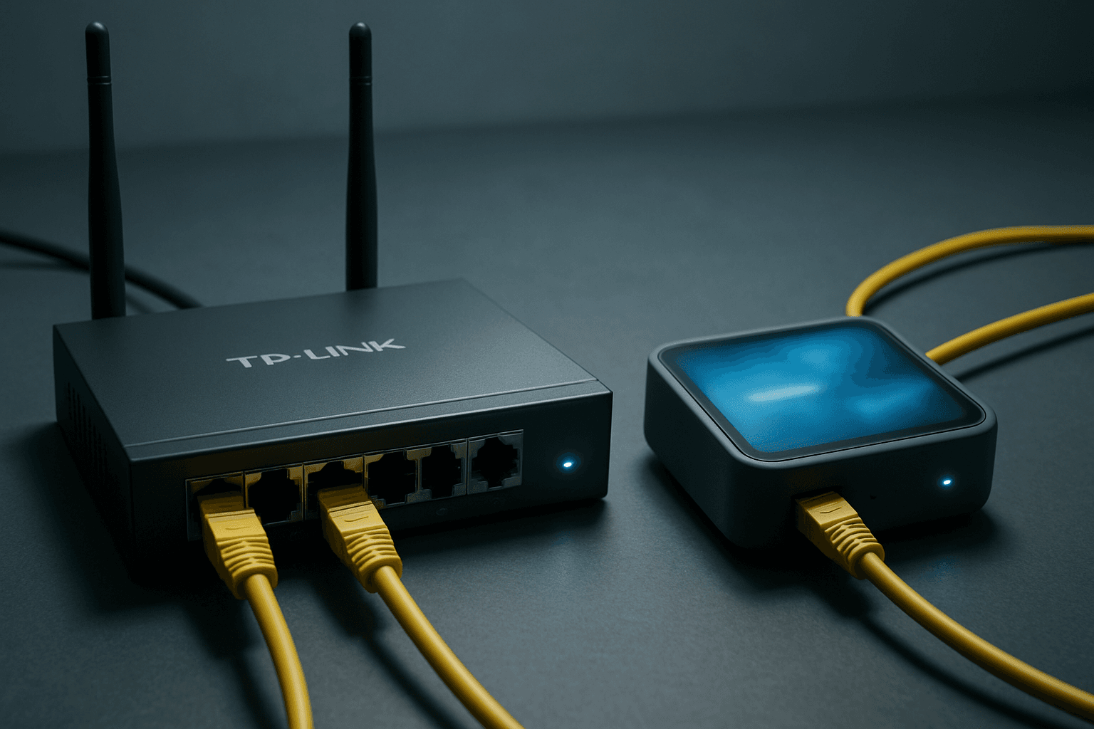TP-Link ER605 router and GL.iNet Brume 2 device on a clean network technician desk with ethernet cables connected and a laptop showing routing configuration