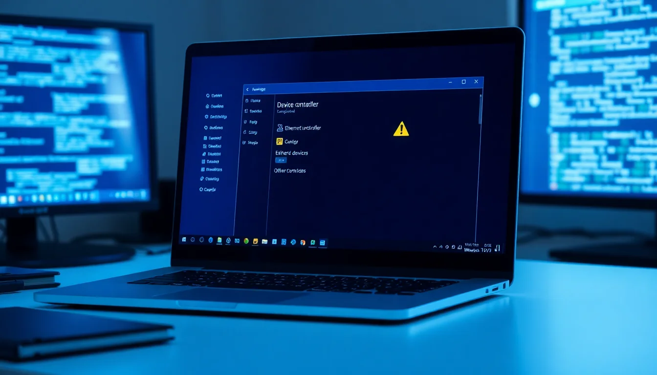 Windows 11 Device Manager showing Ethernet controller with yellow warning icon in Other devices section, modern office desk setup, cool blue monitor glow, technical focused atmosphere