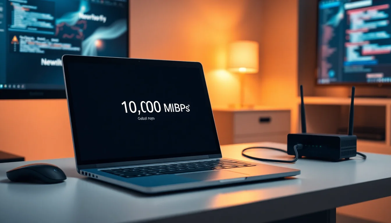 Windows laptop displaying Ethernet network status showing 100 Mbps connection speed, with Gigabit router and Cat5e cable on modern desk, warm overhead lighting, focused professional atmosphere