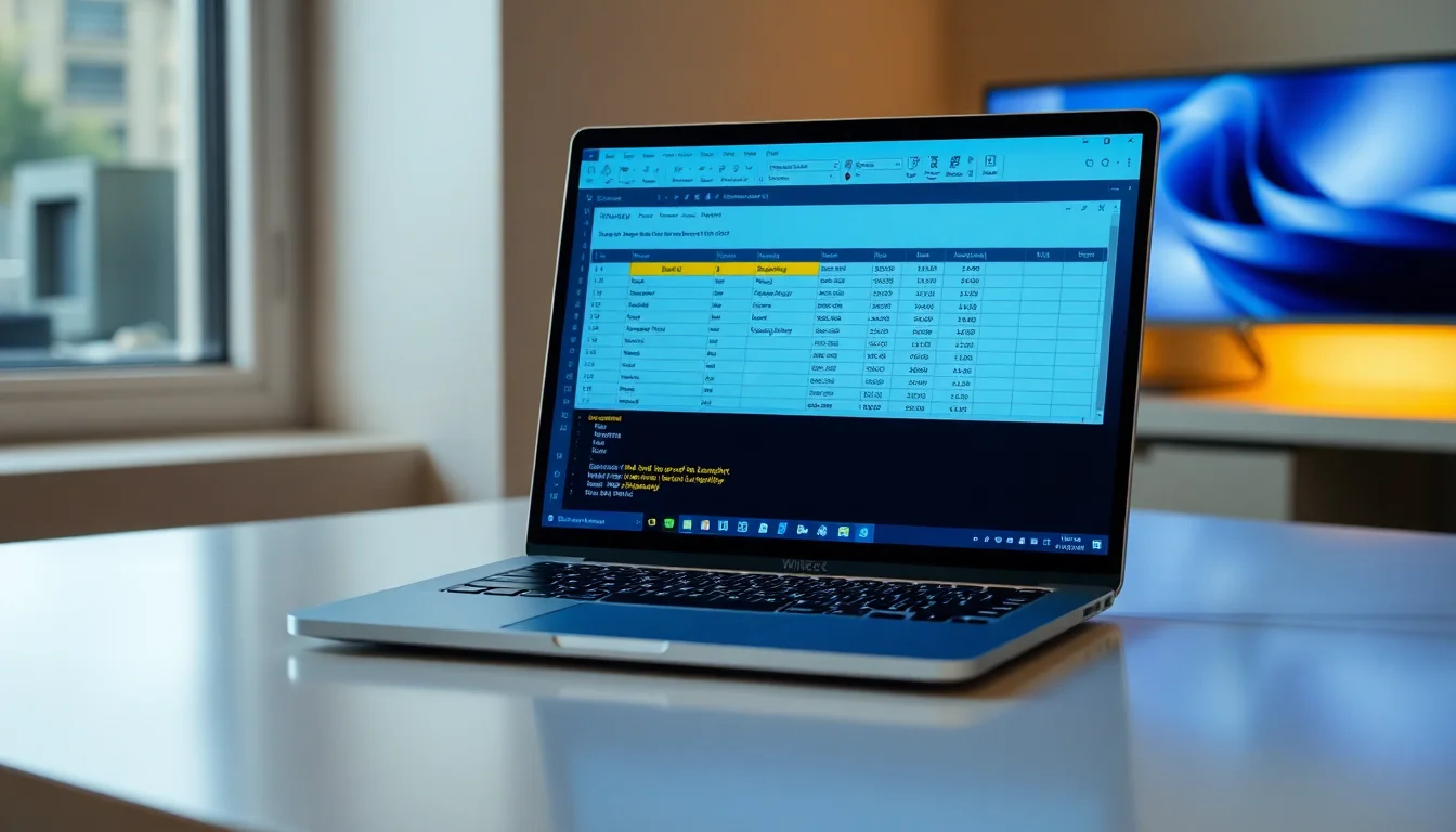 Windows 11 laptop displaying Excel spreadsheet with read-only lock icon and yellow security bar, modern clean desk with soft window lighting, focused professional atmosphere