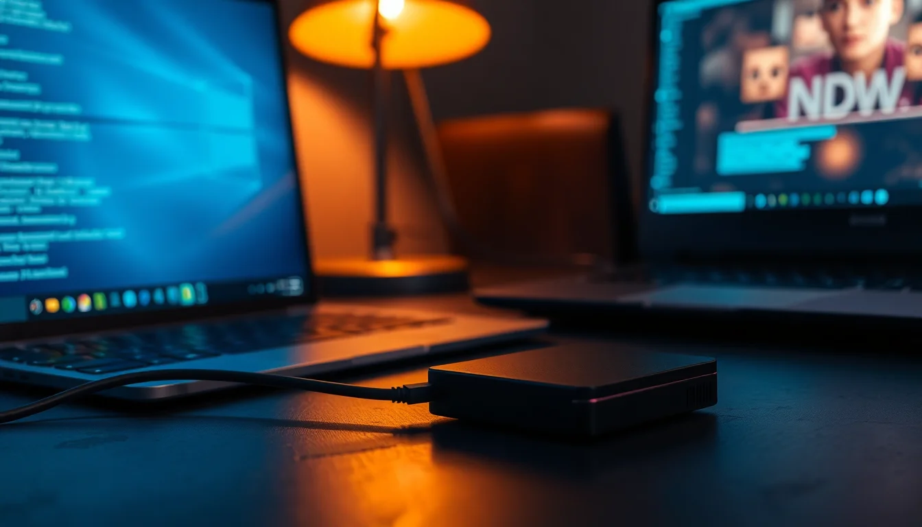 An external hard drive connected via USB to a Windows laptop on a dark desk, drive LED unlit, File Explorer open showing no new drive detected
