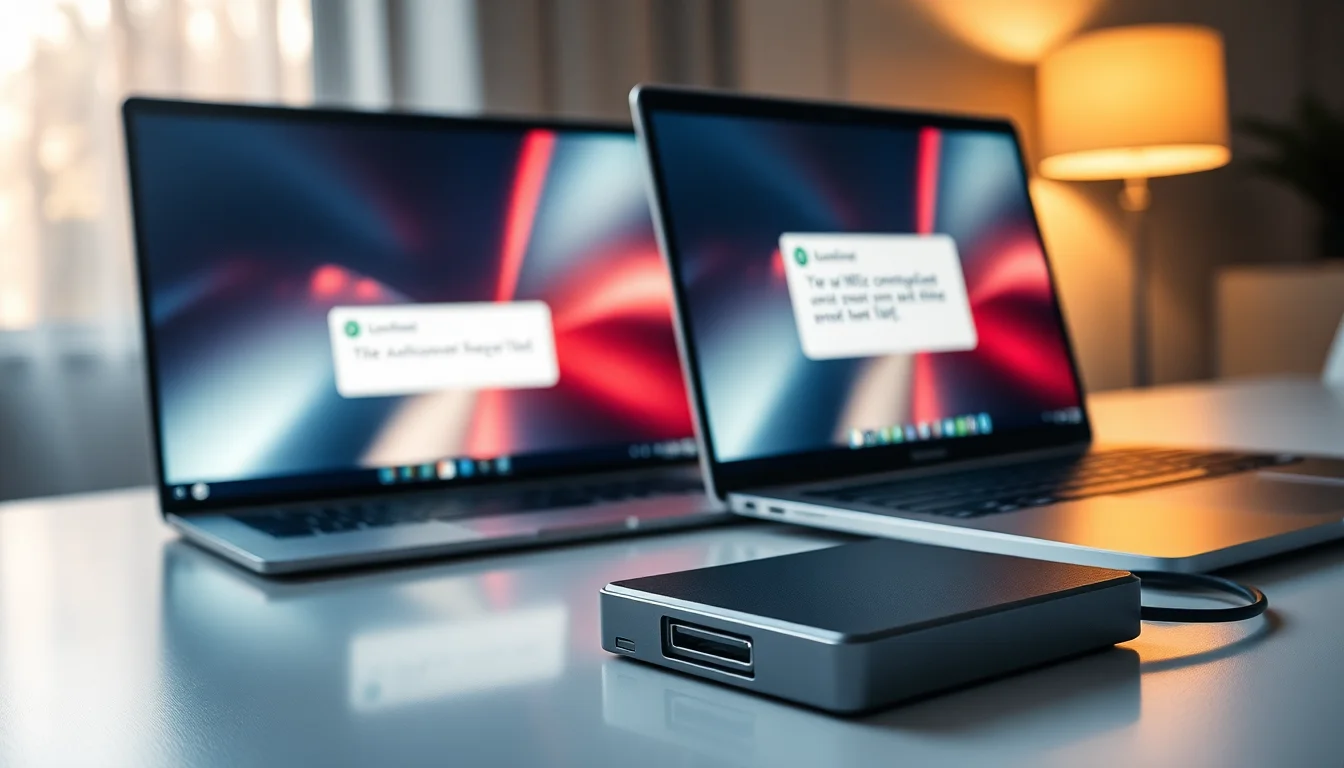 External SSD on a desk next to a Windows 10 laptop showing device disconnection error, warm desk lighting, focused troubleshooting atmosphere