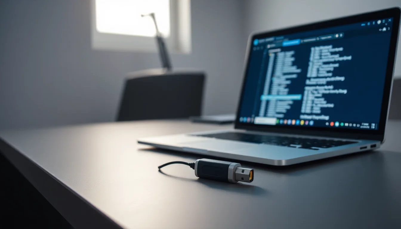 A USB flash drive connected to a Windows laptop on a clean desk showing File Explorer with FAT32 folder and file list visible on screen