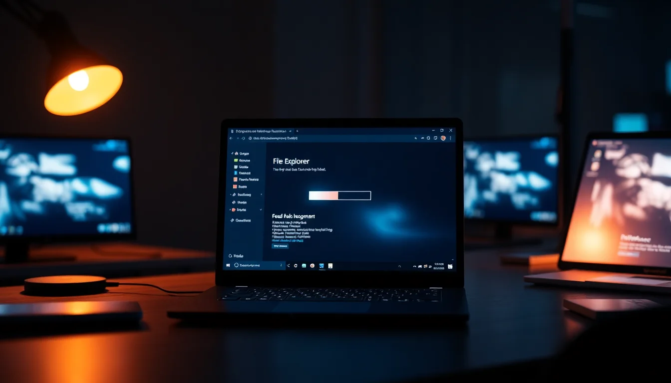 Windows 11 laptop showing File Explorer window frozen on modern office desk with soft desk lamp lighting, calm professional workspace atmosphere