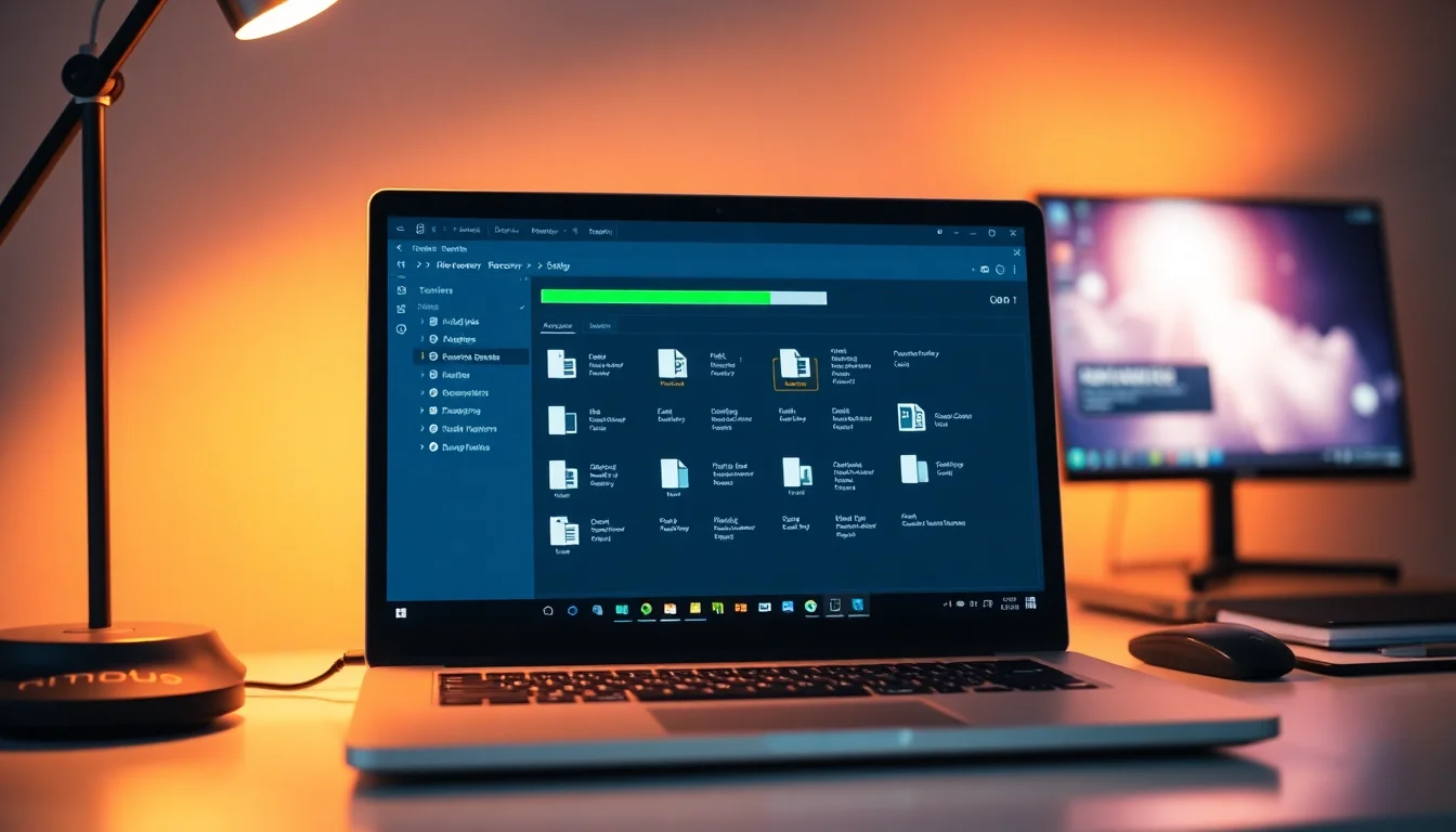 A Windows laptop on a desk showing a file recovery scan in progress with green progress bar and recovered files listed on screen