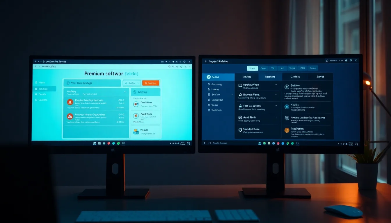Split-screen comparison of antivirus interface panels showing free version with basic protection indicators and premium version with advanced threat detection dashboard and real-time monitoring active.