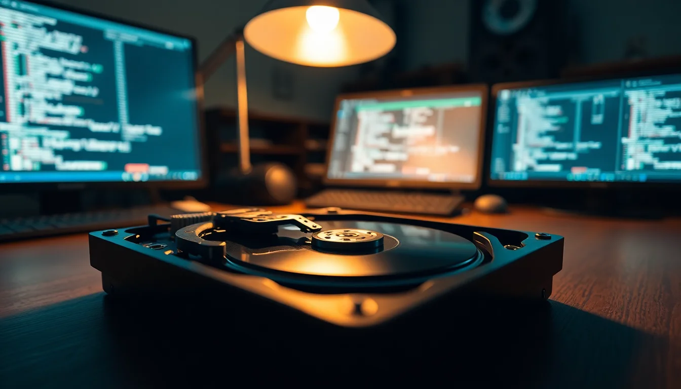A 3.5-inch hard drive on a wooden workbench with visible clicking damage indicator, warm desk lamp lighting from above, focused professional workspace atmosphere