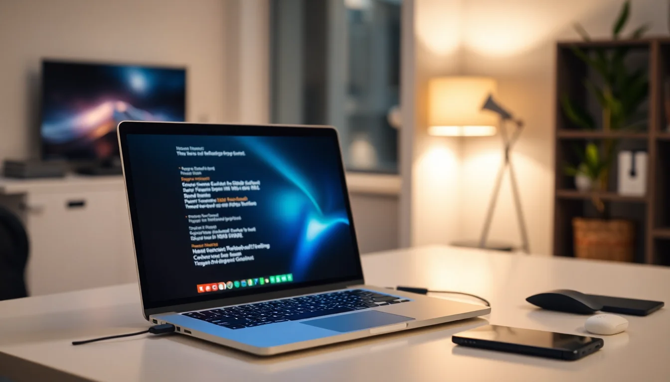 Close-up of 3.5mm headphone jack being inserted into laptop audio port on modern workspace, warm side lighting, focused professional atmosphere