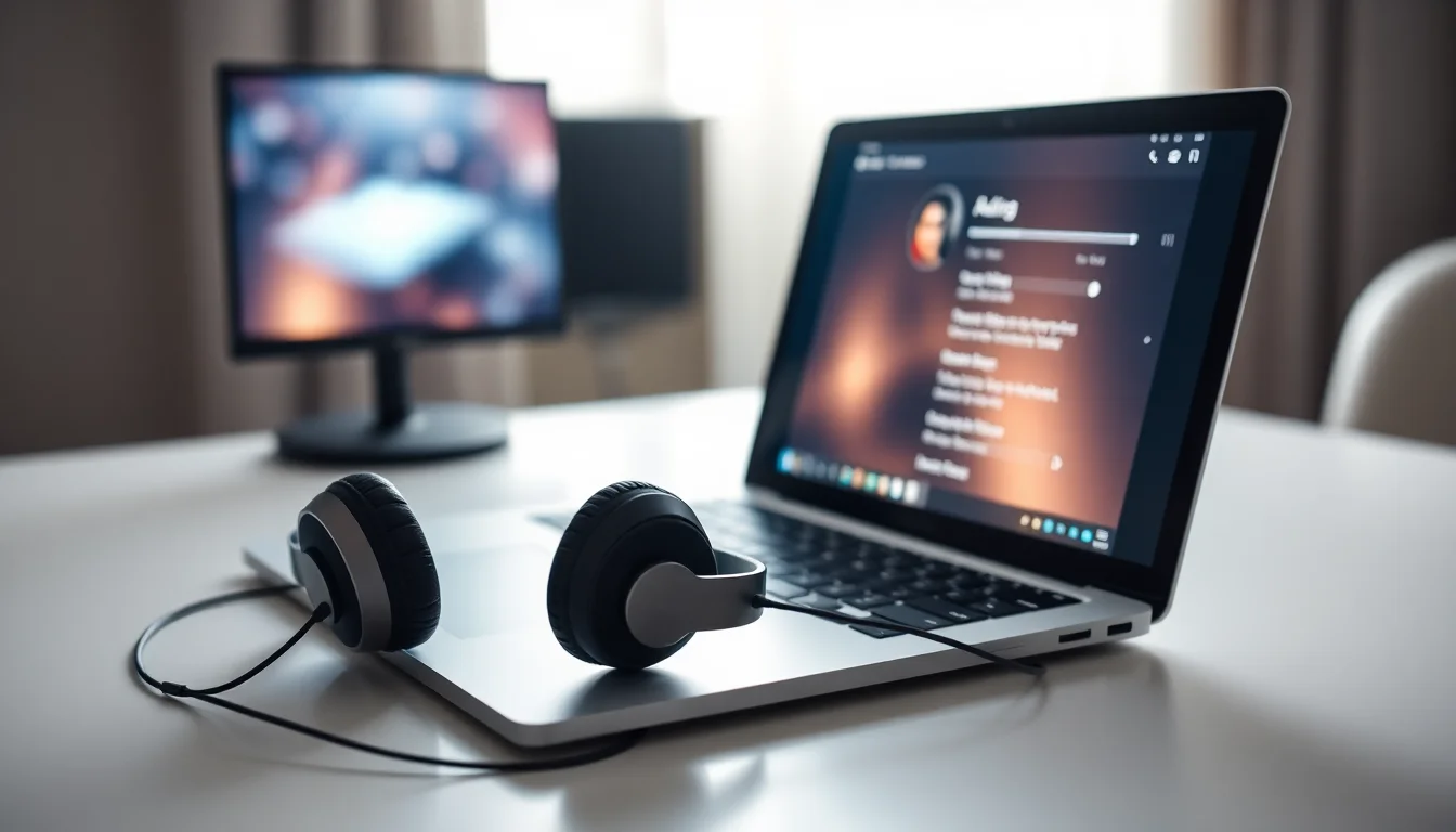 A pair of over-ear headphones plugged into a Windows laptop on a clean modern desk showing audio settings panel