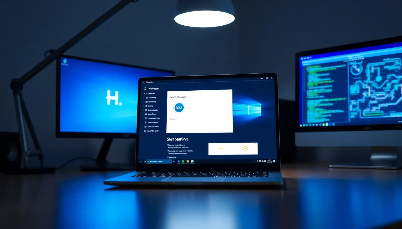 Windows 11 Hyper-V Manager window showing a virtual machine in Starting state with system task manager displaying resource usage in background