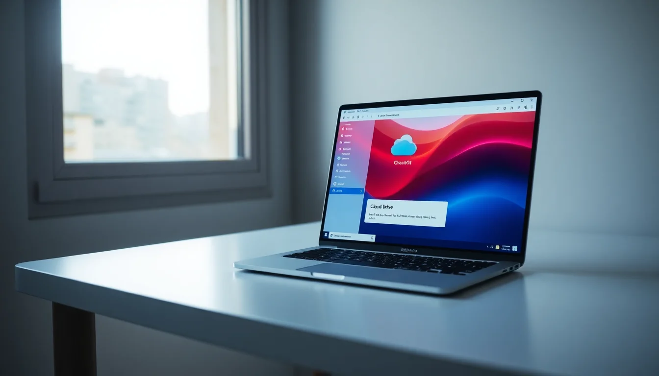Windows 11 laptop on a clean desk showing iCloud Drive folder in File Explorer with low disk space warning notification