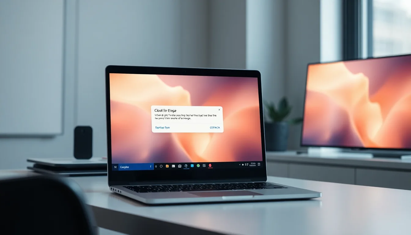 Windows 11 laptop on a desk showing iCloud for Windows app open with a sync error warning and Apple ID sign-in prompt