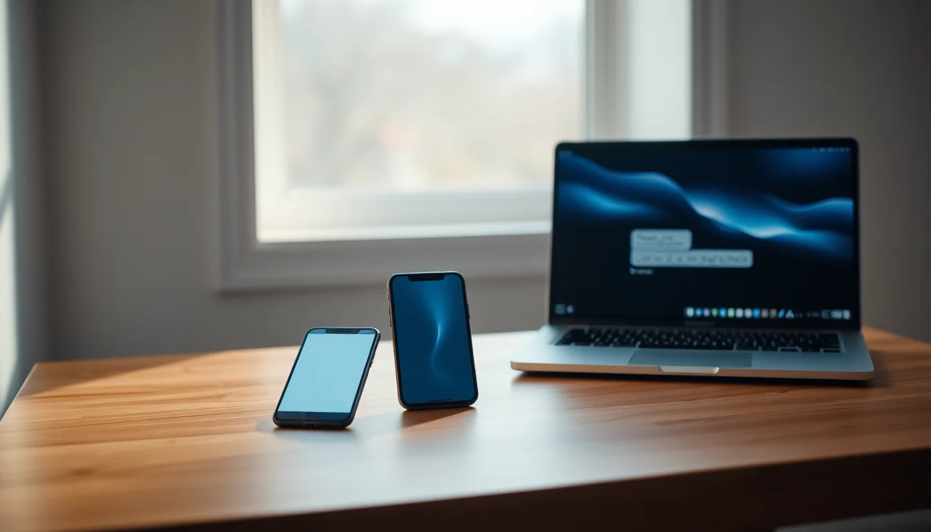 iPhone and MacBook side by side on a desk showing the Messages app open on both screens with a sync issue indicator